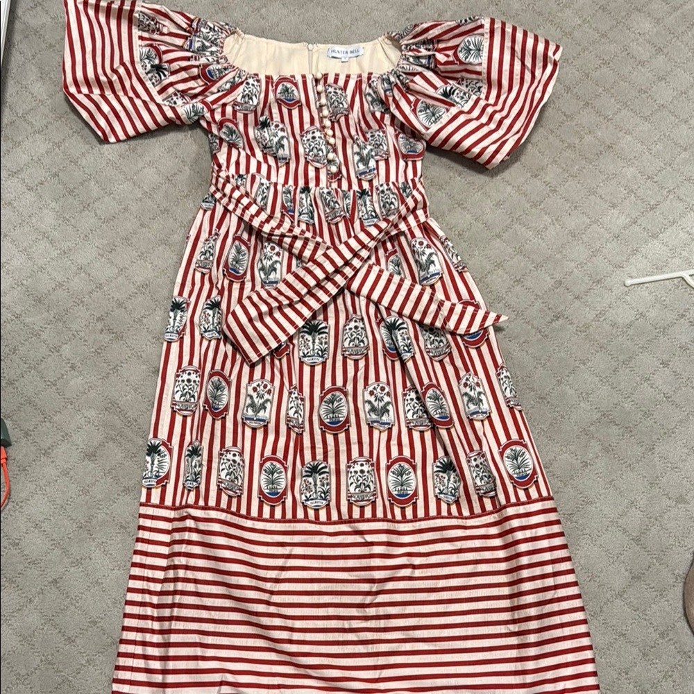Red & White Striped  Print Dress with Belt